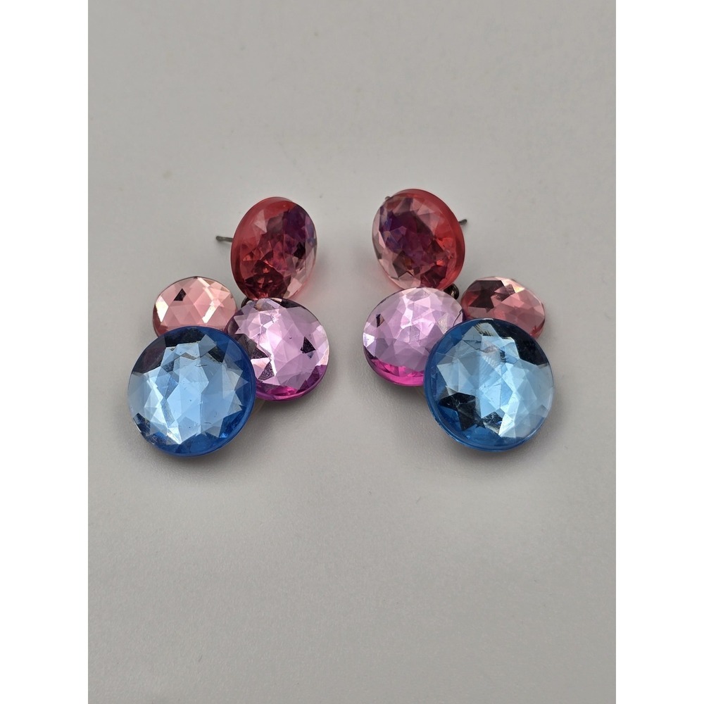 Vintage 80s Dangle Earrings Multi-Color Gemstone Cluster Drop Stud Push Back